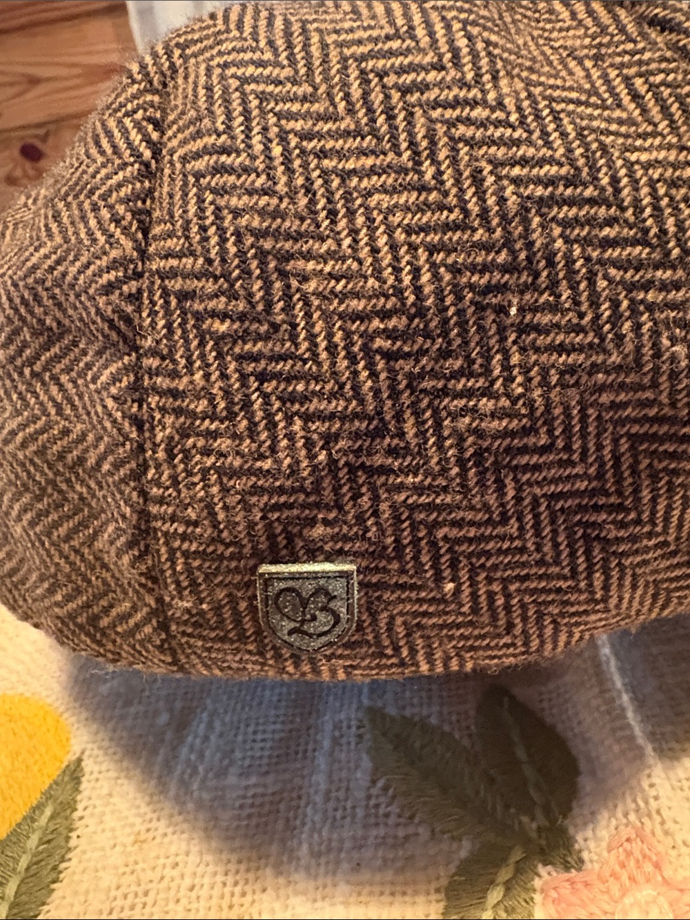 Brixton Brown Herringbone Flat Cap with Crest Pin